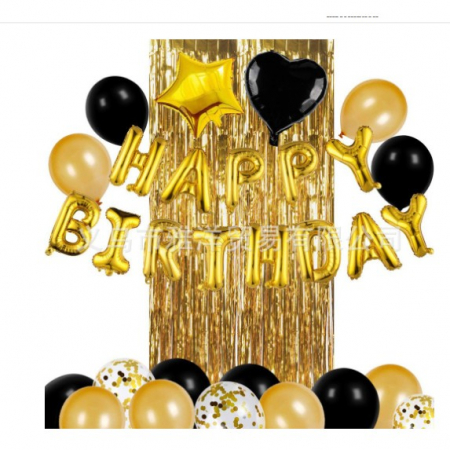 Articole petrecere - Set 24 de baloane folie si latex, 10 baloane latex simple, 10 bloane latex cu paiete, 4 baloane folie, ribon, 1x2 m perdea, Auriu/Negru