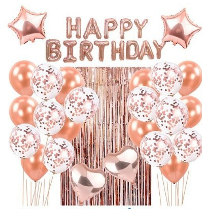 Articole petrecere - Set 24 de baloane folie si latex, 10 baloane latex simple, 10 bloane latex cu paiete, 4 baloane folie, ribon, 1x2 m perdea, Rose Gold