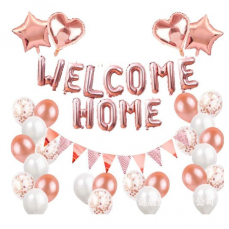 Articole petrecere - Set 24 de piese baloane folie si latex, 20 baloane latex, 4 baloane folie, 1 set Welcome Home, Rose gold