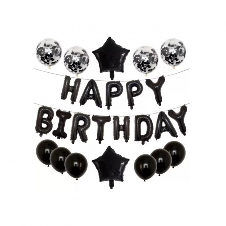 Articole petrecere - Set 25 de Baloane din Folie Metalizata si Latex, Flippy, Figurine 2 Stele, 4 Baloane Confetti, 13 Litere, 6 Latex, Model Happy Birthday, Tema Aniversare, 40 cm, Ambalaj Individual, Pai Inclus, Umflare