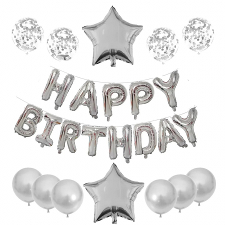 Articole petrecere - Set 25 de Baloane din Folie Metalizata si Latex, Flippy, Figurine 2 Stele, 4 Baloane Confetti, 13 Litere, 6 Latex, Model Happy Birthday, Tema Aniversare, 40 cm, Ambalaj Individual, Pai Inclus, Umflare