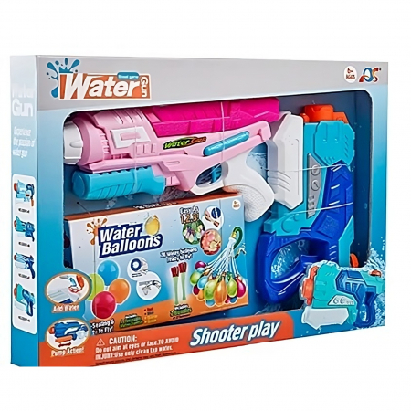 Jucarii, Copii & Bebe - Set 2x Pistol cu Apa pentru Copii, Flippy, 6ani+, cu baloane de apa, Albastru + Roz, 1x 600 ML + 1x 550 ML
