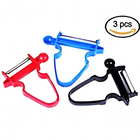 Pentru Casa si Camping - Set 3 Accesorii de Decojire, Razuire si Feliere, Flippy, pentru Legume si Fructe, Negru-Rosu-Albastru