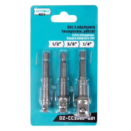 Scule si Unelte  - Set 3 adaptoare hexagonale Detoolz, patrat 1/4" - 3/8" - 1/2", material Cr-V