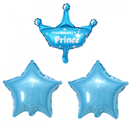 Articole petrecere - Set 3 Baloane din Folie Metalizata, Flippy, Figurine Coroana si Stea, Model Aniversare, 40 cm, Ambalaj Individual, Pai Inclus, Umflare cu Aer sau Heliu, Albastru