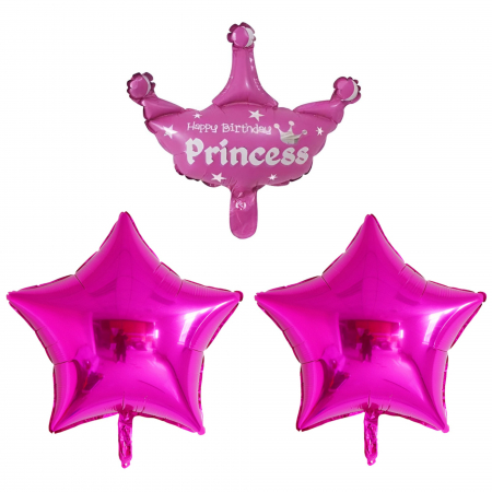 Articole petrecere - Set 3 Baloane din Folie Metalizata, Flippy, Figurine Coroana si Stea, Model Aniversare, 40 cm, Ambalaj Individual, Pai Inclus, Umflare cu Aer sau Heliu, Roz