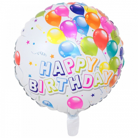 Set 3 Baloane din Folie Metalizata, Flippy, Mini Figurina Rotunda, Model Happy Birthday, 45 cm, Ambalaj Individual, Pai inclus, Umflare cu Aer sau cu Heliu, Multicolor [2]