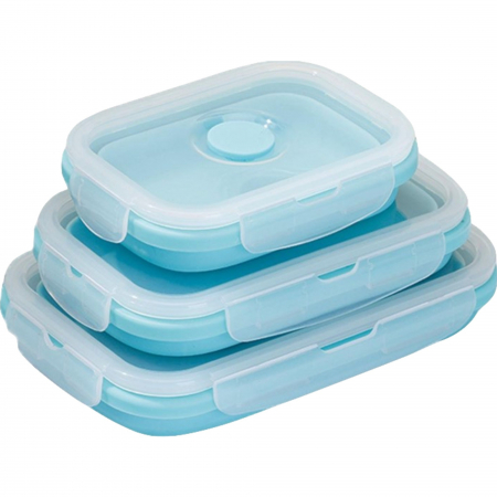 Pentru Casa si Camping - Set 3 caserole pliabile Flippy, din silicon, rezistenta la temperaturi ridicate, usor de depozitat si curatat, 350/500/800 ml, utilizare in cuptorul cu microunde, albastra