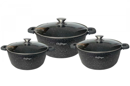 Oale si Cratite - Lichidare Set 3 cratite cu capac, acoperire cu marmura, 24-28-32 cm, 3.5-5.7-13.2 L, 2 buc. manusi incluse
