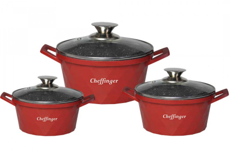 Pentru Casa si Camping - Set 3 cratite cu capac CF-DIAC03-RED, acoperire din marmura,20-24-28cm/2L-3.5L-5.7L, anti lipre
