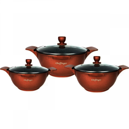 Pentru Casa si Camping - Set 3 cratite cu capac CF-LC01-BUR, acoperire din marmura, 20-24-28cm/2L-3.5L-5.7L, anti lipre