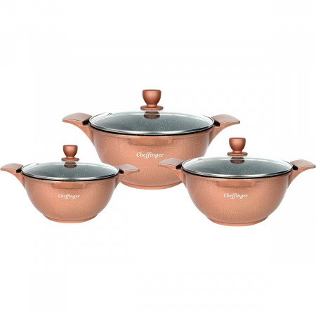 Pentru Casa si Camping - Set 3 cratite cu capac CF-LC01-COP, acoperire din marmura, 20-24-28cm/2L-3.5L-5.7L, anti lipre