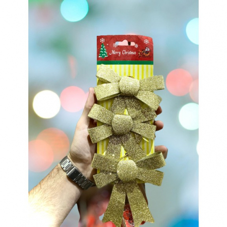Decoratiuni, ornamente si articole Craciun - Set 3 fundite pentru brad, Aurii, cu sclipici, 10 x 11 cm, din poliester, Flippy