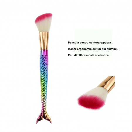 Set 3 Pensule pentru Machiaj Flippy, in Forma de Sirena, Electroplacate, Detalii Fine, Maner Ergonomic, Peri din Fibra Moale, Multicolor [3]