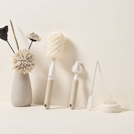 Set 3 Perii de Spalat Biberoane, Flippy, pentru Tetina, Biberon, Pai, Materiale Sigure, fara BPA, Curatare 360°, Bej [1]