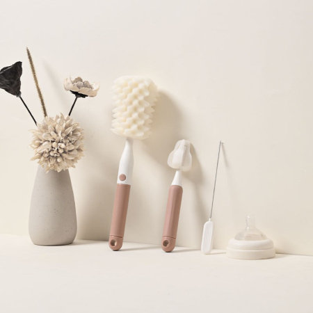 Set 3 Perii de Spalat Biberoane, Flippy, pentru Tetina, Biberon, Pai, Materiale Sigure, fara BPA, Curatare 360°, Roz [1]