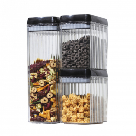 Ustensile de bucatarie - Set 3 Recipiente din Plastic, Flippy, pentru Alimente/Obiecte, Inchidere Ermetica, Textura Ondulata, 2 x 1.5l, 1 x 3.3 l, Transparent