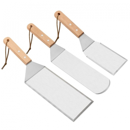 Aragaze, plite, piese butelii de voiaj - Set 3 spatule pentru gratar Flippy, din metal, margini subtiri, suprafata antiaderenta, rezistente la temperaturi ridicate, maner ergonomic din lemn, 3 forme, agatatoare, gri