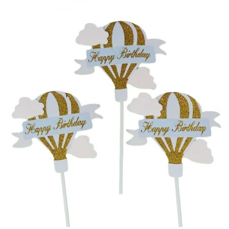 Articole petrecere - ! LICHIDARE DE STOC ! Set 3 Toppere pentru Tort, Flippy, Model Balon cu Aer Cald Happy Birthday, Tematica Aniversare, Albastru