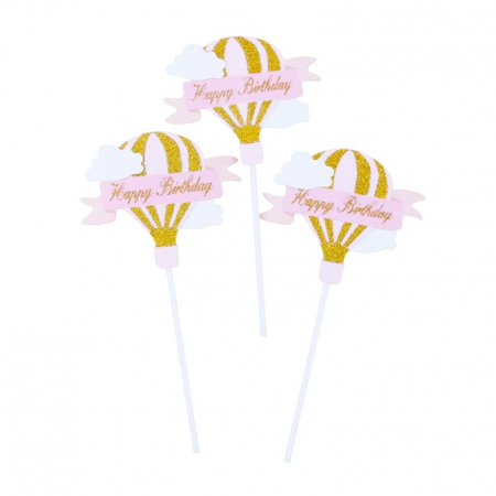 Articole petrecere - Set 3 Toppere pentru Tort, Flippy, Model Balon cu Aer Cald Happy Birthday, Tematica Aniversare, Roz