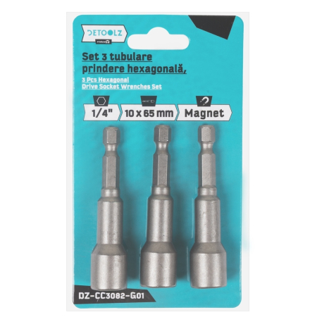 Set 3 tubulare Detoolz, prindere hexagonala 1/4", dimensiuni 10mm * 65mm, magnetice [1]
