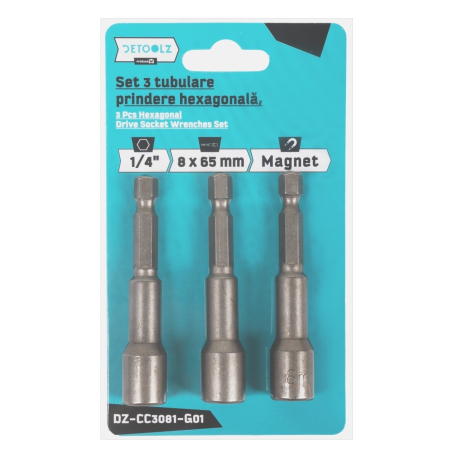 Set 3 tubulare Detoolz, prindere hexagonala 1/4", dimensiuni 8mm * 65mm, magnetice [1]