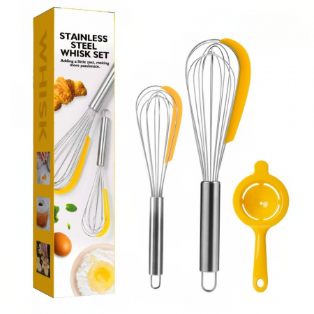 Bucatarie si electrocasnice - Set 3 ustensile pentru bucatarie Flippy, 2 teluri, un separator oua, inox/silicon, Galben