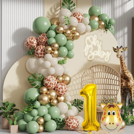 Set 30 Baloane Folie si Latex, Flippy, Tematica Prima Aniversare, Baloane Latex 30cm, 25cm, Figurina Girafa 32x34 cm, Frunza Palmier 15 cm, Cifra 1 76 cm, Multicolor [2]