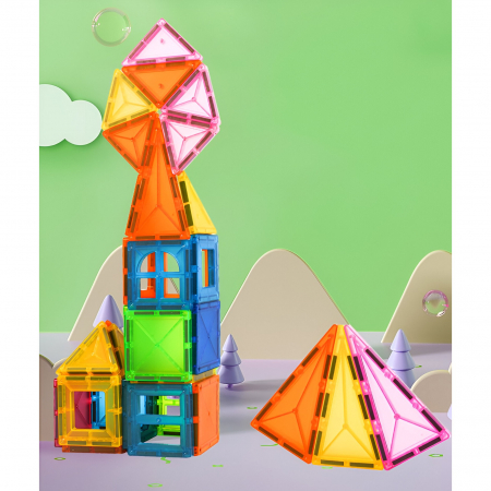 Set 32 Piese Magnetice de Constructie, Flippy, Piese 5.5 cm, Magnetic Tiles, Forme Geometrice, 3 Ani, ABS, Magnet, 20.5 x 14.5 x 12 cm, Multicolor [6]