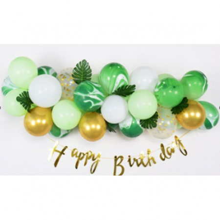 Articole petrecere - Baloane decorative din Latex si Banner Happy Birthday, Flippy, Model Aniversare, Set 37 de Piese, Verde, Auriu, Alb