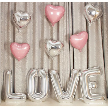 Set 4 Baloane din Folie Metalizata, Flippy, Figurine Litere, Model Scris Love, Tema Iubire, 80 cm, Ambalaj Individual, Pai Inclus, Umflare cu Aer sau Heliu, Argintiu [7]