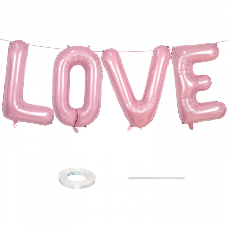 Set 4 Baloane din Folie Metalizata, Flippy, Figurine Litere, Model Scris Love, Tema Iubire, 80 cm, Ambalaj Individual, Pai Inclus, Umflare cu Aer sau Heliu, Roz [3]