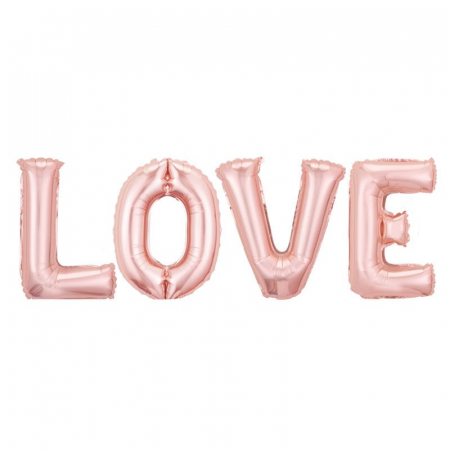 Articole petrecere - Set 4 Baloane din Folie Metalizata, Flippy, Figurine Litere, Model Scris Love, Tema Iubire, 80 cm, Ambalaj Individual, Pai Inclus, Umflare cu Aer sau Heliu, Roz