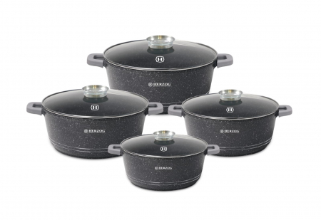 Pentru Casa si Camping - Set 4 cratite cu capac HR-5211, acoperire din marmura, 20-24-28-32cm/2.2-4.1-6.4-9.8L