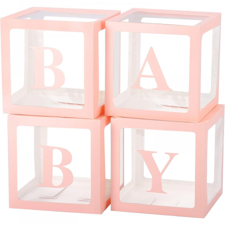 Articole petrecere - Set 4 Cutii pentru Baloane, Flippy, Model Scris Baby, Tematica Iubire, Cuburi Decorative din Plastic, Accesorii pentru Petrecere, 30 x30 cm, Transparente Contur Roz