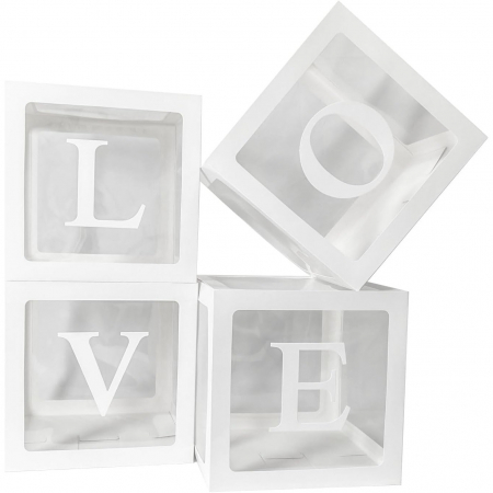 Articole petrecere - Set 4 Cutii pentru Baloane, Flippy, Model Scris Love, Tematica Iubire, Cuburi Decorative din Plastic, Accesorii pentru Petrecere, 30 x30 cm, Transparente Contur Alb