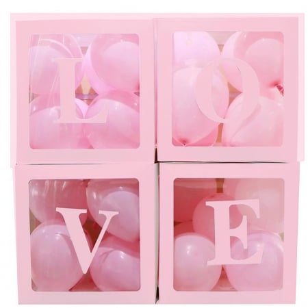 Articole petrecere - Set 4 Cutii pentru Baloane, Flippy, Model Scris Love, Tematica Iubire, Cuburi Decorative din Plastic, Accesorii pentru Petrecere, 30 x30 cm, Transparente Contur Roz