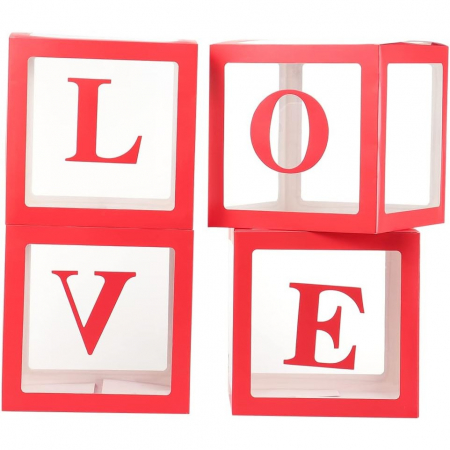 Articole petrecere - Set 4 Cutii pentru Baloane, Flippy, Model Scris Love, Tematica Iubire, Cuburi Decorative din Plastic, Accesorii pentru Petrecere, 30x30 cm, Transparente Contur Rosu