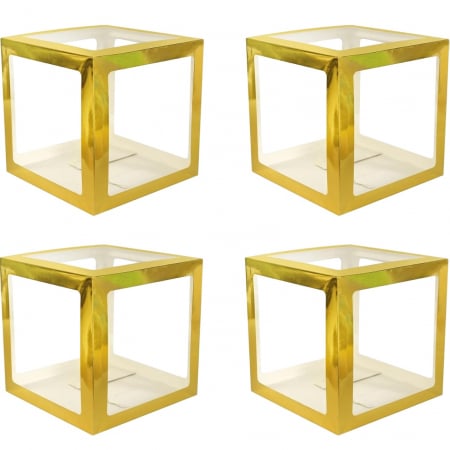 Articole petrecere - Set 4 Cutii pentru Baloane, Flippy, Model Simplu, Tematica Aniversare, Cuburi Decorative din Plastic, Accesorii pentru Petrecere, 30 x30 cm, Transparente Contur Auriu
