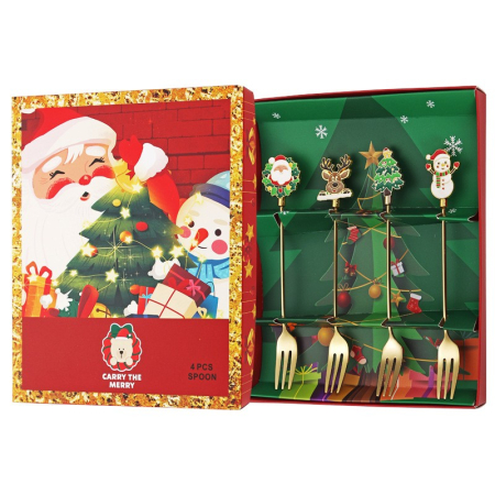 Casă și camping - Set 4 Furculite, Flippy, Tema Craciun, Model Carry The Merry, 4 Modele, din Otel Inoxidabil, 19.5 x 16 x 2 cm, Multicolor