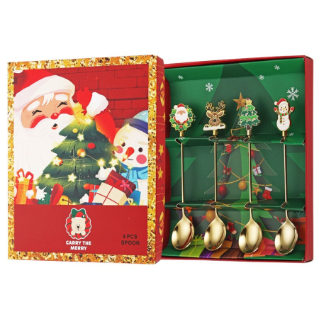 Casă și camping - Set 4 Lingurite, Flippy, Tema Craciun, Model Carry The Merry, 4 Modele, din Otel Inoxidabil, 19.5 x 16 x 2 cm, Multicolor