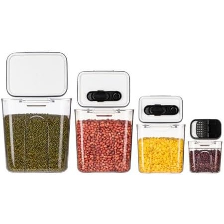 Pentru Casa si Camping - Set 4 Recipiente Depozitare Alimente, Flippy, pentru Organizare Bucatarie, cu Inchidere Ermetica, Transparent, Plastic fara BPA, Compatibile cu Masina de Spalat Vase, Diferite Dimensiuni, 350 ml, 1300