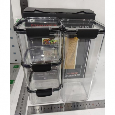 Set 4 Recipiente din Plastic, Flippy, pentru Alimente/Obiecte, Inchidere Ermetica, 1 x 460 ml, 2 x 700 ml, 1 x 1300 ml, Transparent [6]