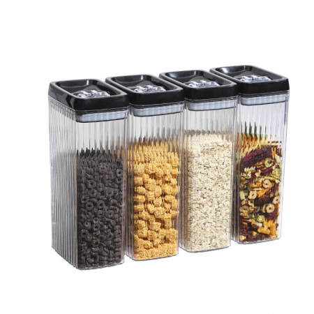 Ustensile de bucatarie - Set 4 Recipiente din Plastic, Flippy, pentru Alimente/Obiecte, Inchidere Ermetica, Textura Ondulata, 4 x 3.3 l, Transparent