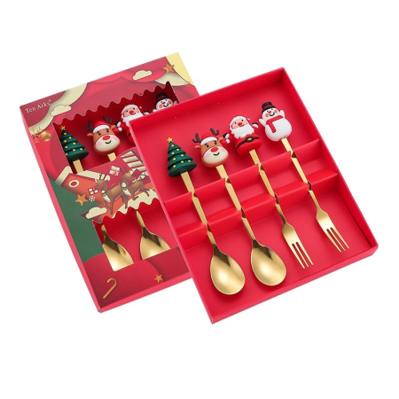 Set 4 Tacamuri, Flippy, Tema Craciun, 2 Linguri + 2 Furculite, cu Figurine, din Otel Inoxidabil, Cutie Cadou, 19 x 15 x 2.2 cm, Auriu [5]