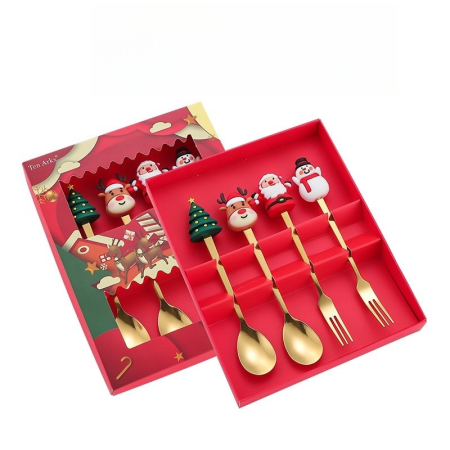 Casă și camping - Set 4 Tacamuri, Flippy, Tema Craciun, 2 Linguri + 2 Furculite, cu Figurine, din Otel Inoxidabil, Cutie Cadou, 19 x 15 x 2.2 cm, Auriu