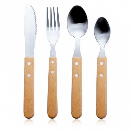 Set 4 tacamuri pentru masa Flippy, otel 304, lingura, lingurita desert, cutit, furculita, maner din lemn de fag, 20 x 4 x 2 cm, gri [4]