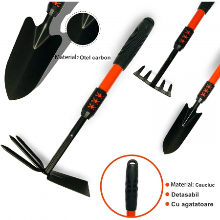 Set 4 Unelte de Gradina Flippy, Maner extensibil, pentru Plantare Prelucrare Sol si Ingrijire Plante, Material otel carbon, negru [1]