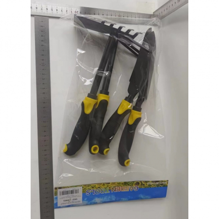 Set 4 Unelte de Gradina Flippy, pentru Plantare, Prelucrare Sol si Ingrijire Plante, Material PVC Carbon, Grebla, Sapaliga cu Cap Dublu, Lopata Mica, Lopata Lata, 43 x 11 cm, Negru/Galben [1]