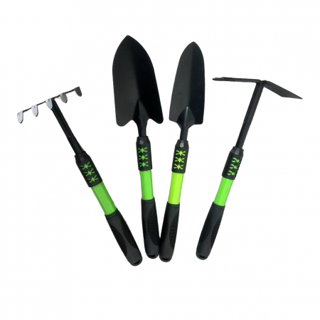 Gradina - Set 4 Unelte de Gradina Flippy, pentru Plantare, Prelucrare Sol si Ingrijire Plante, Material PVC Carbon, Grebla, Sapaliga cu Cap Dublu, Lopata Mica, Lopata Lata, 43 x 11 cm, Negru/Verde